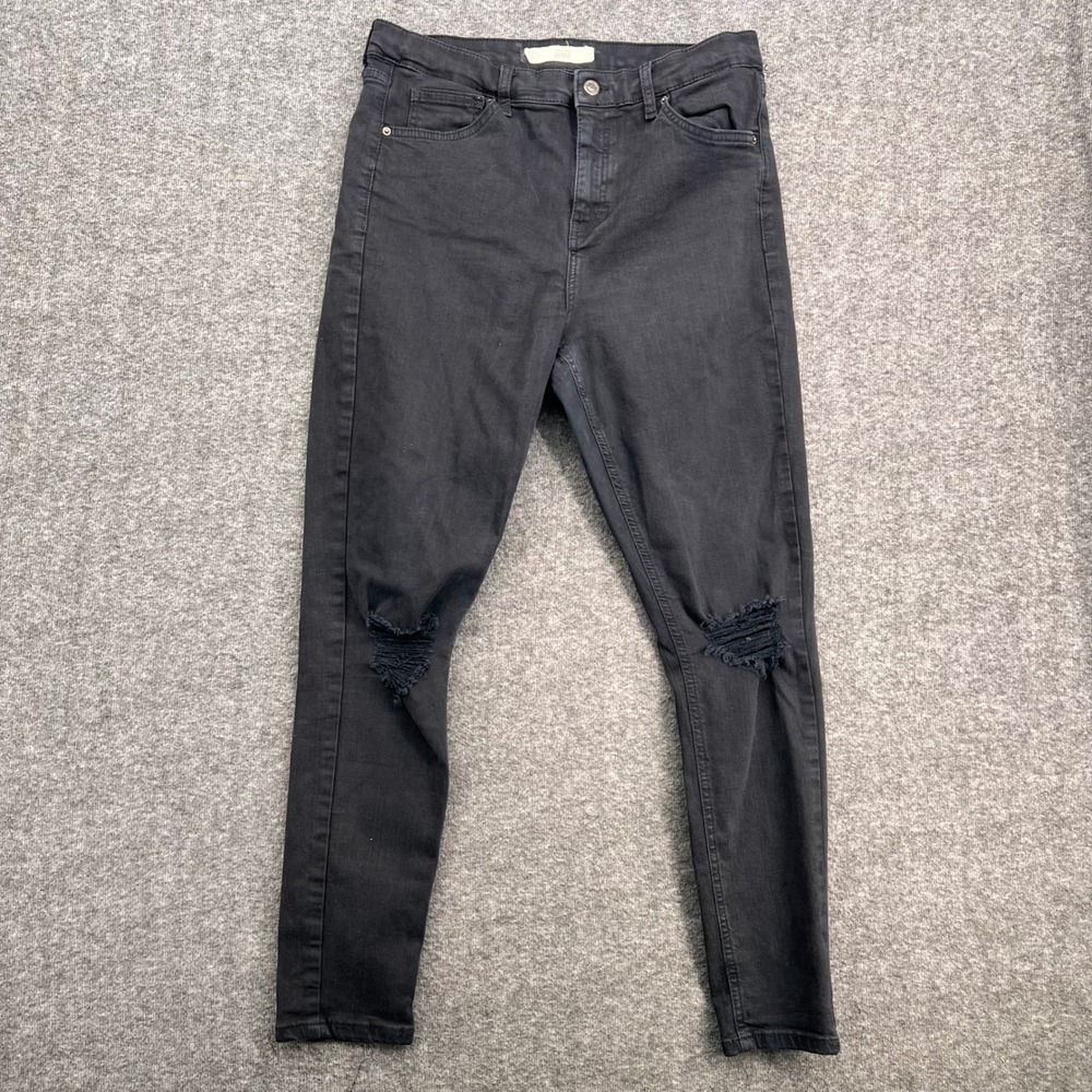 Topshop Moto Jamie Black High Rise Skinny‎ Distressed Ripped Knee Jeans W32 L32